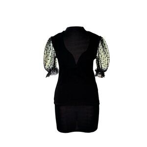 Black Sheer Puff Sleeve Blouse With Polka Dot Design